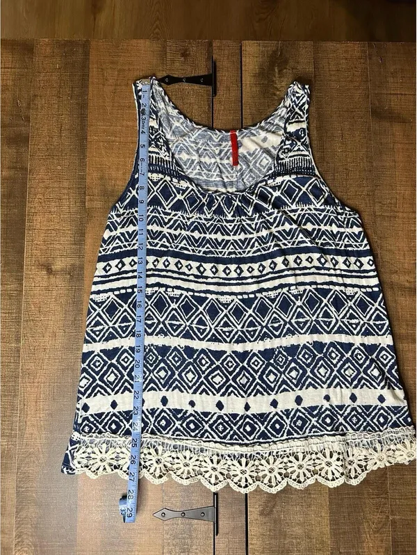 Boho Chic Navy & White Sleeveless Tank Top with Crochet Hem, Size 1X - Image 3