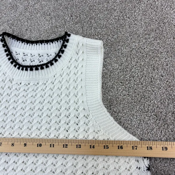 Open Knit Sweater Vest Size Small White Black‎ Contrast Trim Sleeveless Layering - Image 4