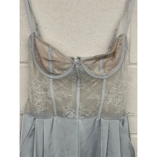 Katie May Sz Small Light Blue Tink Satin Lace Corset Wide Leg Cocktail Jumpsuit - Image 5