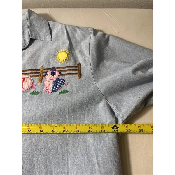 Vintage 90s Women Size 18 Short Sleeve Farm Pig Embroidered Stitched Shirt - Image 5