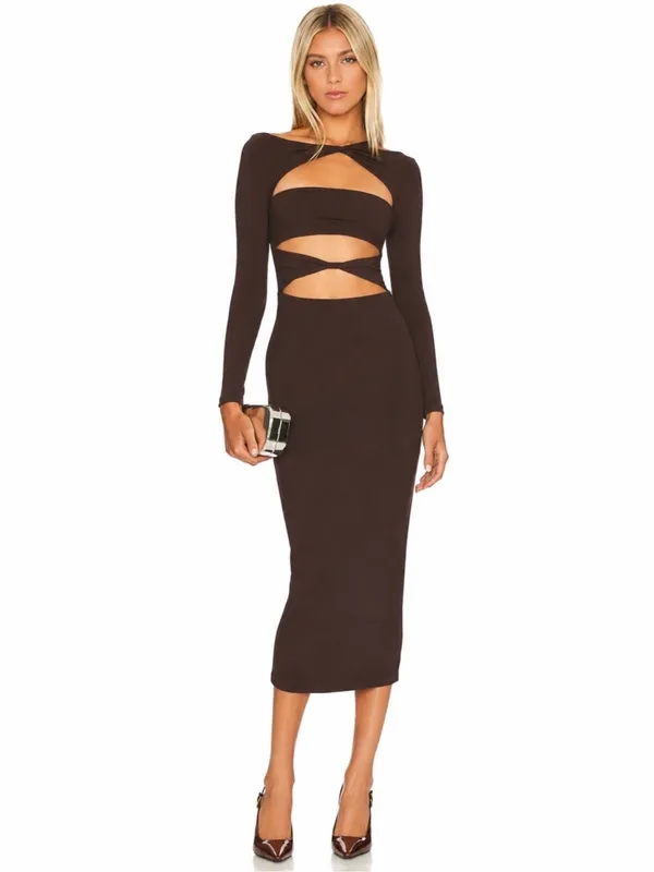 SEROYA Karma Midi Dress in Brown, size Small - Image 3