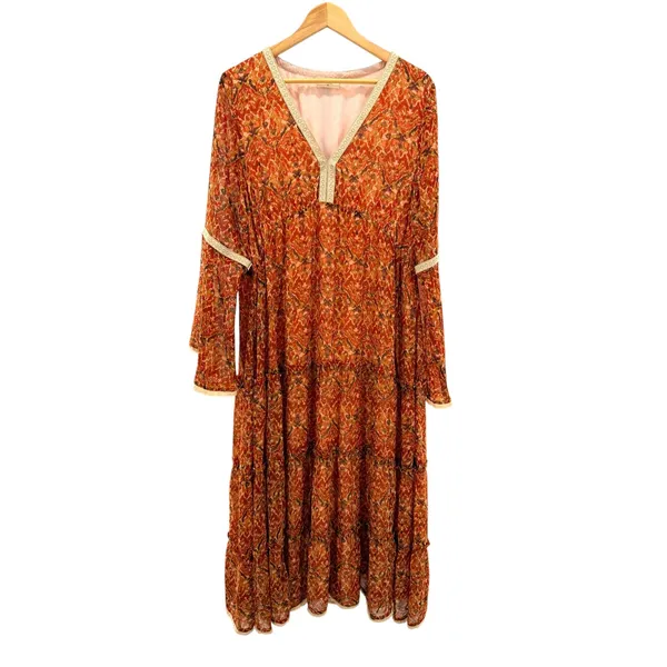 Talisman Boho Maxi Dress XL‎ Orange Terracotta Paisley Bell Sleeve Festival Gown - Image 4