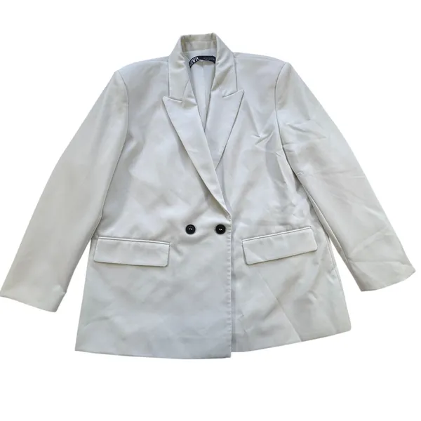 Zara Women White Double Breasted Blazer Womens Large Professional Workwear Chic - Image 12