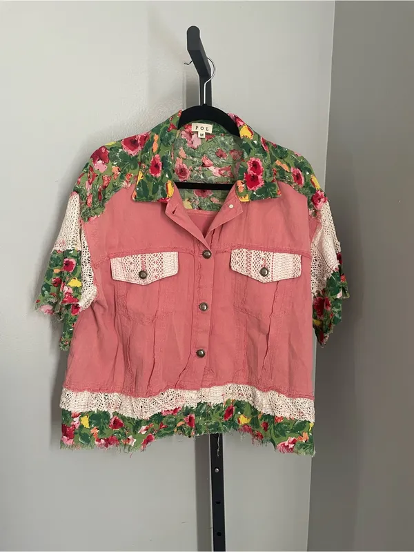 POL Lace Patch Floral Half Sleeve Shacket Size Medium - Image 2