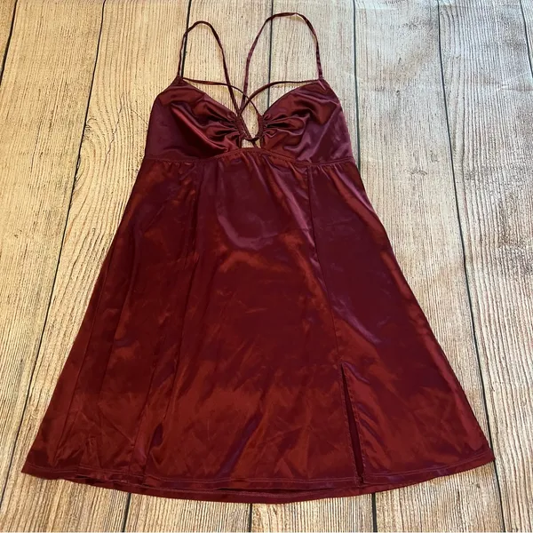 Auden Satin Babydoll Lingerie‎ Slip Dress Women's Size Large Strappy Burgundy - Image 3