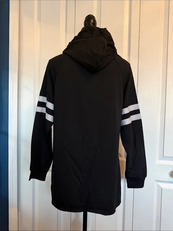 BloomChic Black Hooded Pullover with White Drawstrings and Sleeve Stripes Size 10 - Image 3