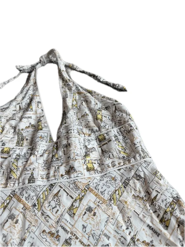 J. Crew White Gold Nautical Map Print Halter Midi Dress Plunging Size 14 Women's - Image 7