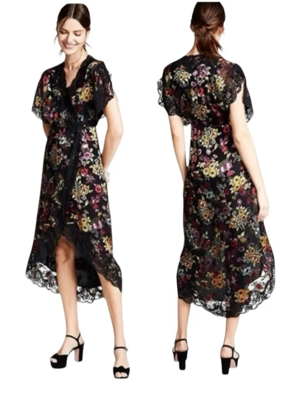 Alice + Olivia Adele Floral Wrap Midi Dress with Lace Trim Black Size 2 - Image 2