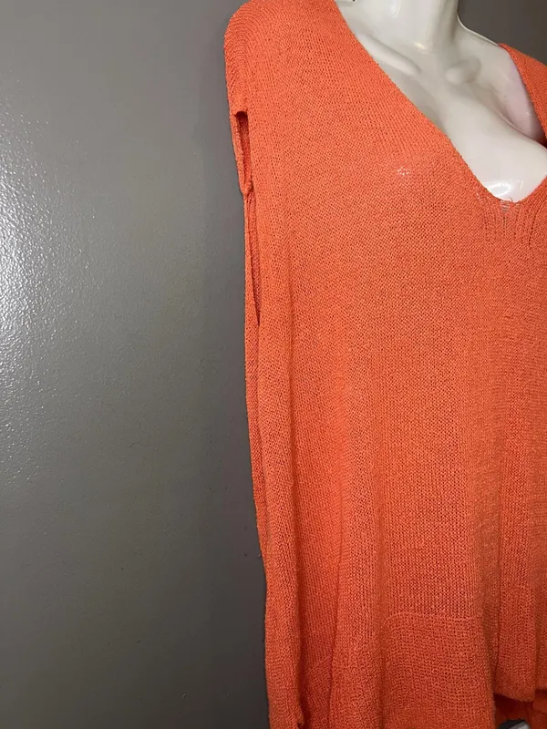 Free People Sweater Tunic Womens Medium Orange Open Knit V Neck Sleeveless Boho - Image 3