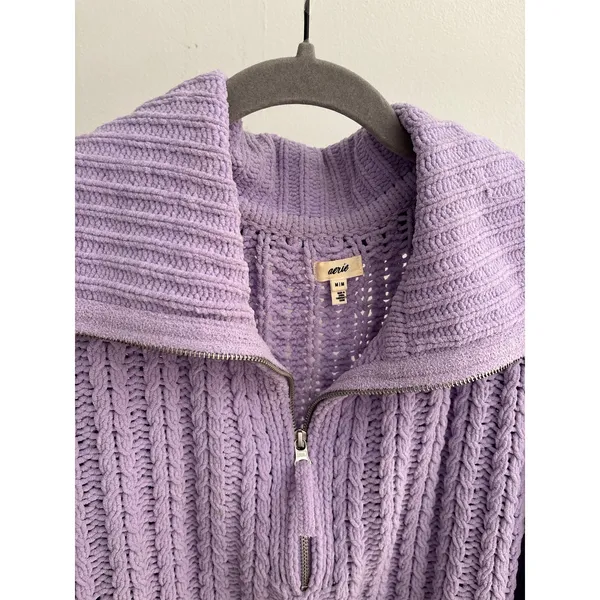 Aerie Lavender Cable Knit Quarter Zip Sweater Oversized Mock Neck Pullover - Image 6