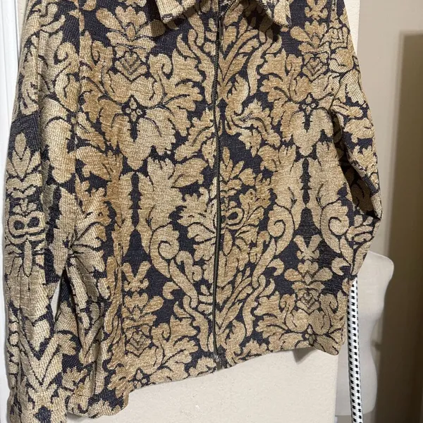 Indigo Moon Blazer Jacket Womens Medium Tapestry full zip Tan Navy Artsy - Image 2