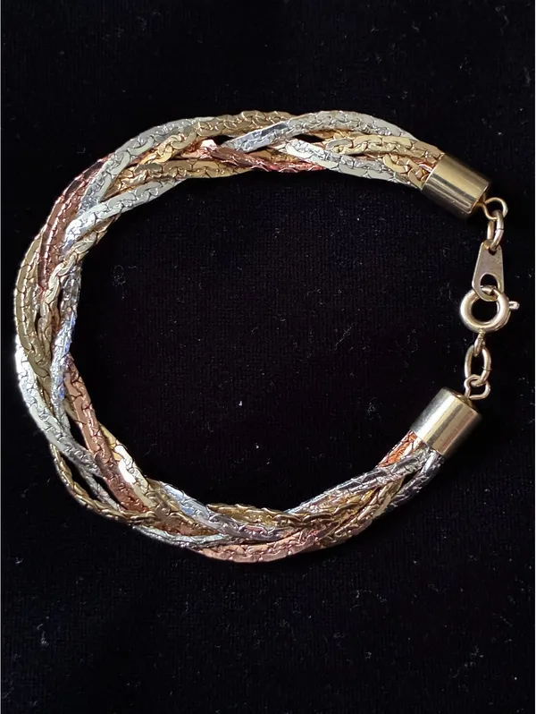 Mixed Metal Gold, Rose & Silver Tone Twisted Woven Mesh Statement Bracelet 7.5" - Image 3