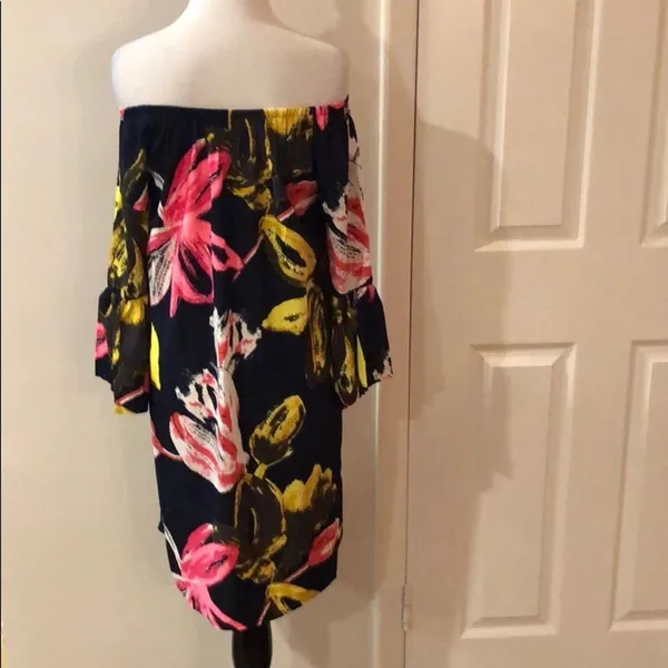 Navy Floral Off Shoulder Bell Sleeve Tunic Shift Mini Dress Size M - Image 7
