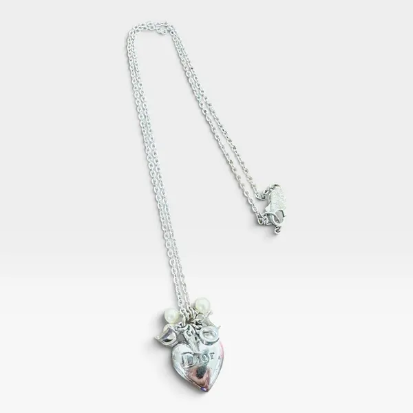 Dior Silver Tone Heart Pendant Pearl Charm Chain Necklace Love Logo Jewelry - Image 3