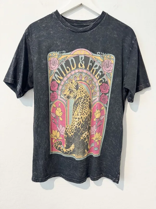 Wild & Free Graphic Boyfriend Tee Size Medium Mineral Wash Leopard Relaxed Fit - Image 2