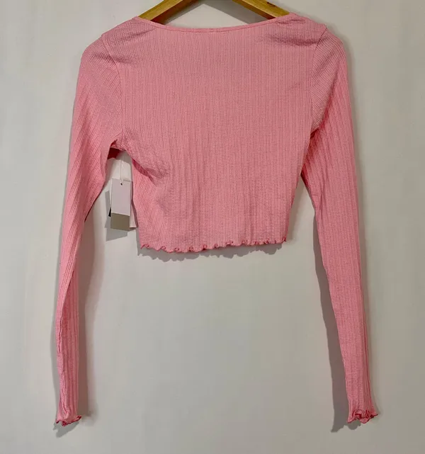 BP. Women’s Scoop Neck Waffle Knit Cropped Henley Long Sleeve Pink Candy NWT - Image 7