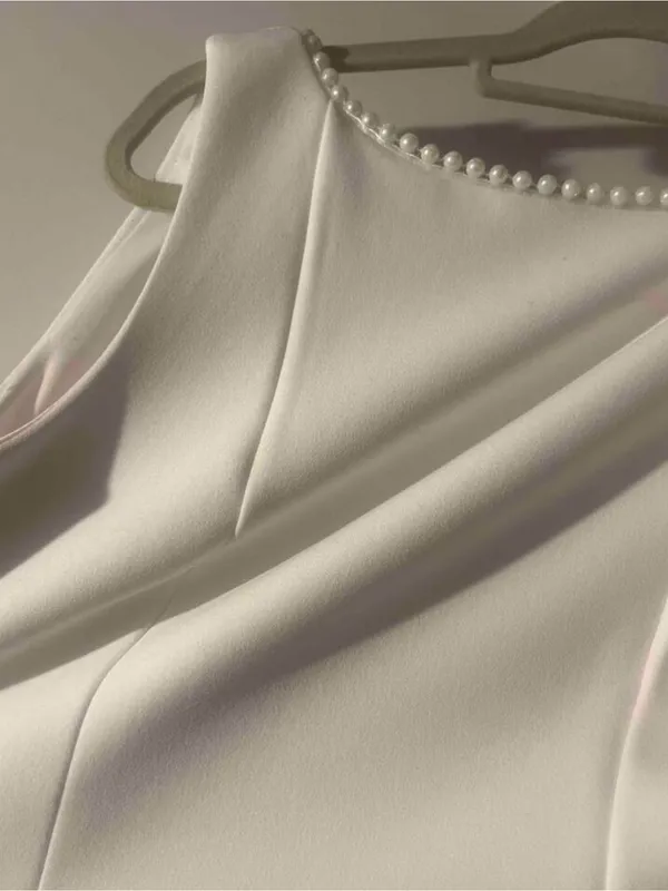 White Sleeveless A-Line Dress with Pearl Trim - Image 2