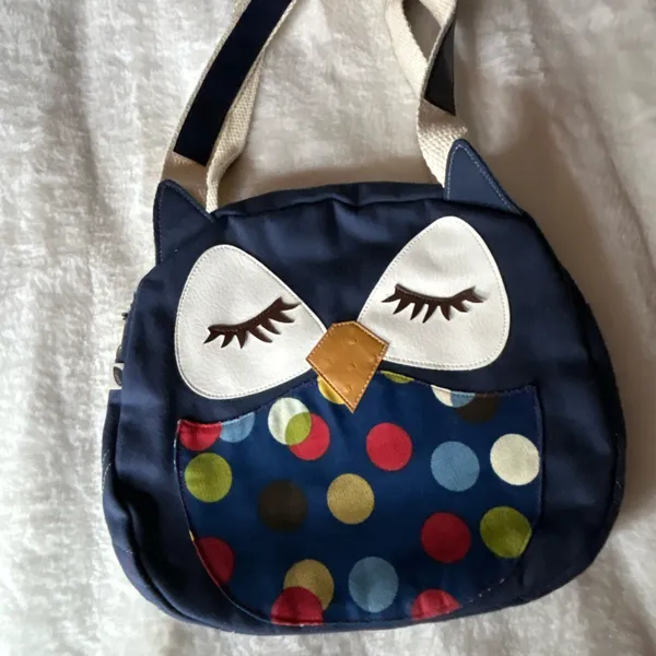 Handmade Owl Bag Design Susie the Owl Navy Polka Dots Applique Canvas Tote.2pc. - Image 2