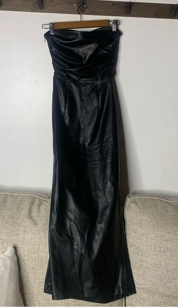 ZARA Faux Leather Strapless Black Dress NWT Size XS Midi Side Slit Zip Slimming - Image 10