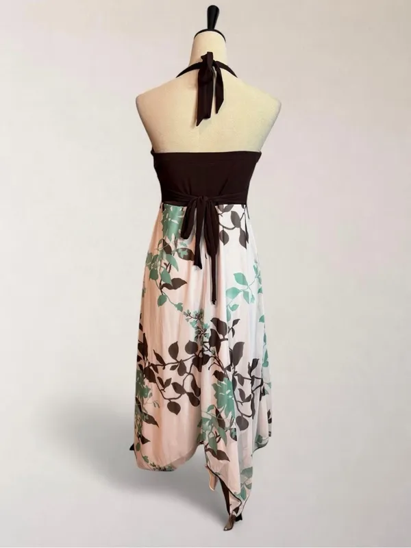Speechless Floral Halter Handkerchief Maxi Dress Brown Aqua Size L - Image 4