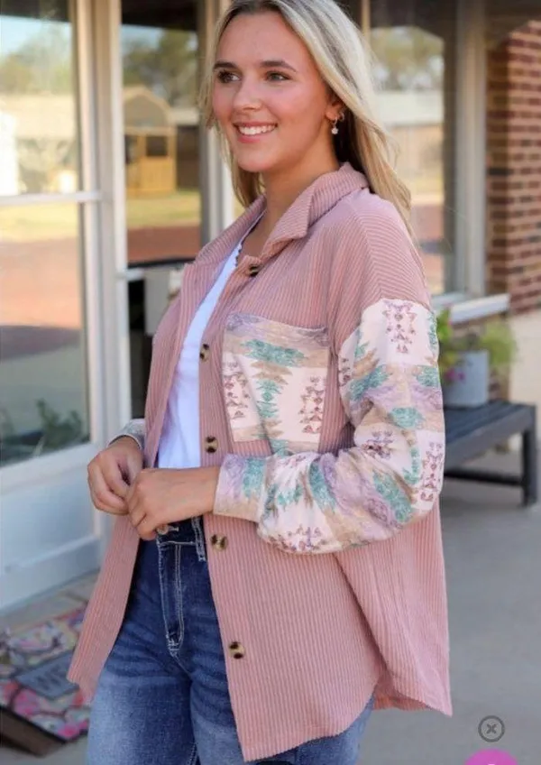 NEW Mauve Pink Aztec Print Corduroy Look Shirt Jacket Shacket - Image 6