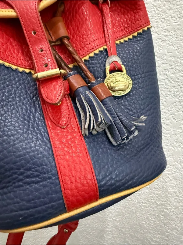Rare Vintage DOONEY & BOURKE Teton AWL Lipstick Red Navy Yellow Leather Backpack - Image 14