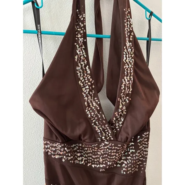 Vintage Y2K Rampage Womens Sequin Halter Dress Size Medium Brown Long Chiffon - Image 2