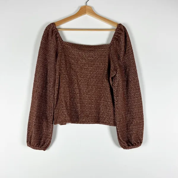 NEW Madewell Jacquard Puff Sleeve Cotton Blend Crop Top Sweater Dark Merlot S - Image 4