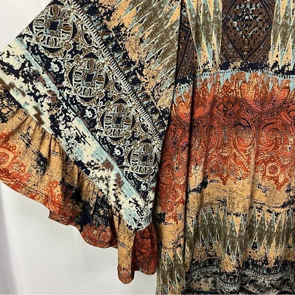 Boutique Now N Forever Brown Boho Printed Long‎ Bell Sleeve Top L - Image 4