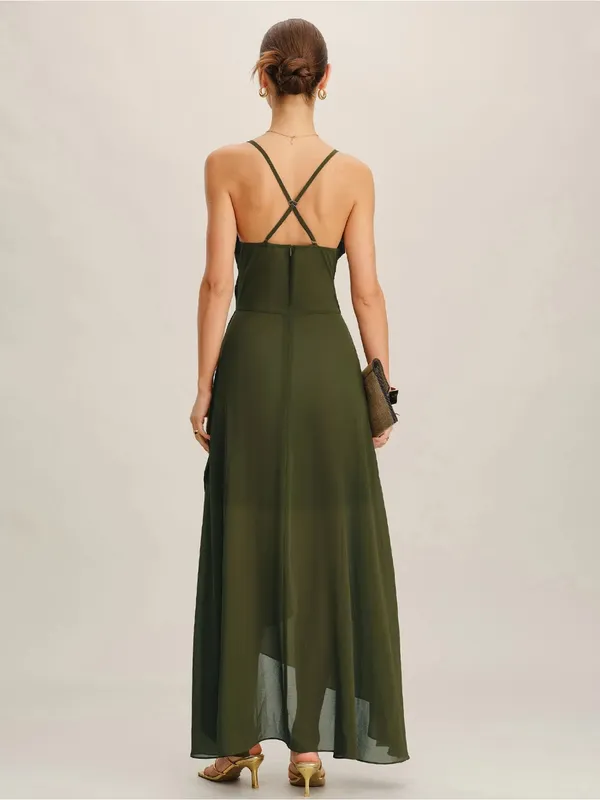 Rihoas Elegant Olive Green Cowl Neck Maxi Dress - Image 3