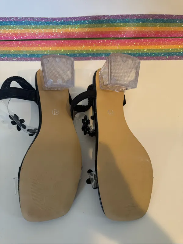 Black Floral Embellished Clear Block Heel Sandals - Image 6
