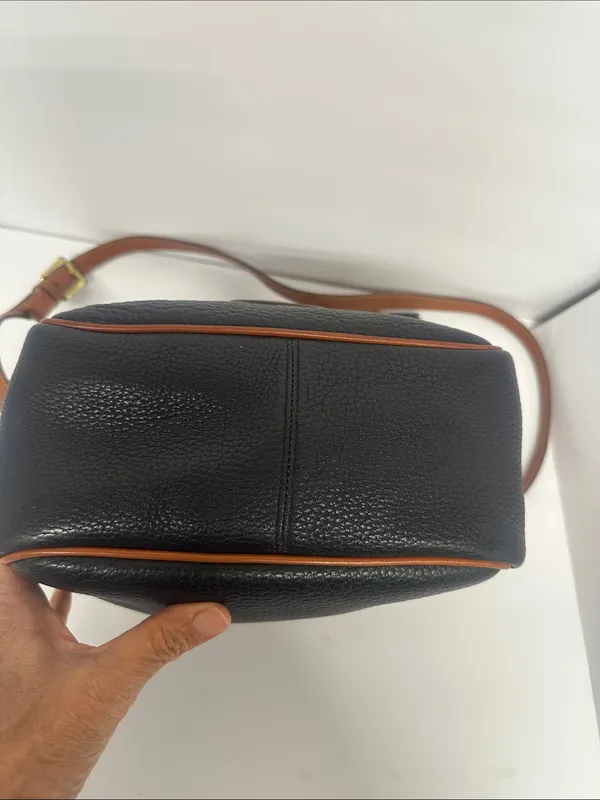 Dooney & Bourke Black Pebbled Leather Drawstring Bucket Bag with Tan Trim - Image 5