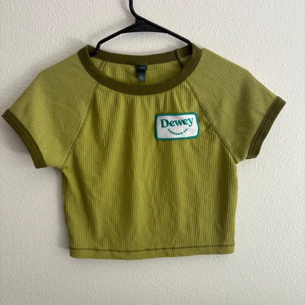Wild Fable‎ Lime Green Dewey Cannabis Co Patch Ribbed Ringer Crop Baby Tee Small - Image 4
