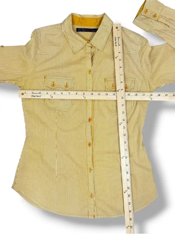Zara TRF Striped Elbow Patch Western Style Button Up Shirt Yellow Medium - Image 9