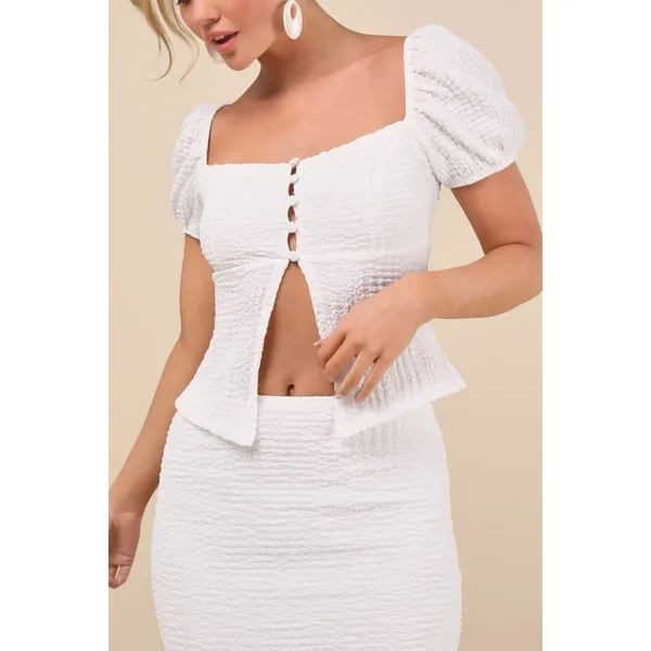 New Lulus Esma White Textured Knit Puff Sleeve Two-Piece‎ Midi Dress Sz Small - Image 3