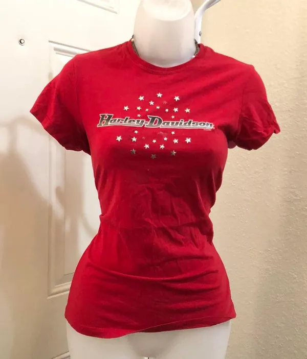 Vintage Red Harley Davidson fitted henley Tshirt tee top shirt blouse rhinestone stars short sleeve Made in USA 2000s #y2k #goth #punk #biker #motorcycle rock - Image 3