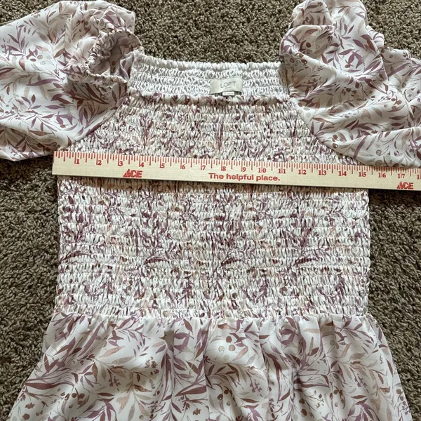 Loft Outlet Pink & White Floral Smocked Midi Dress With Puff Sleeves Sz Medium - Image 4