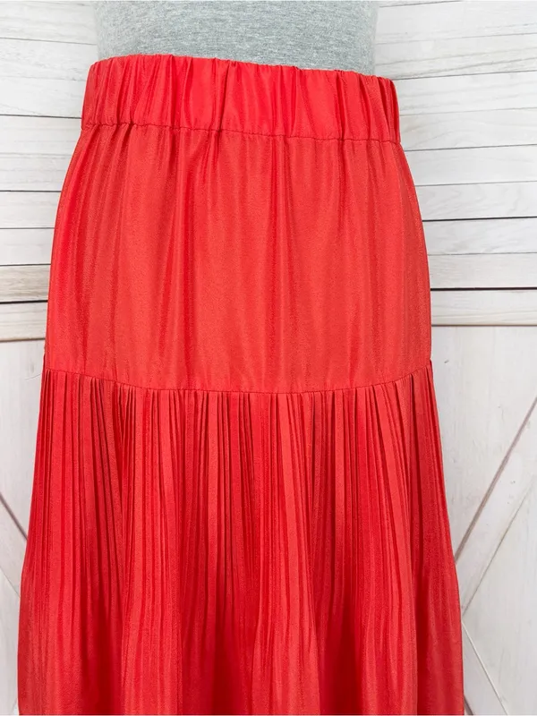 Outback Red Tiered Pleated Maxi Skirt Coral Orange Red XS Flowy Boho Tomato Girl - Image 5