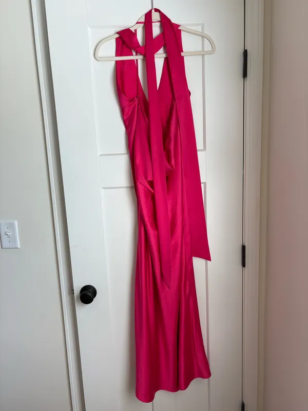 Alicia Satin Halter Maxi Dress in Fuchsia - Image 4