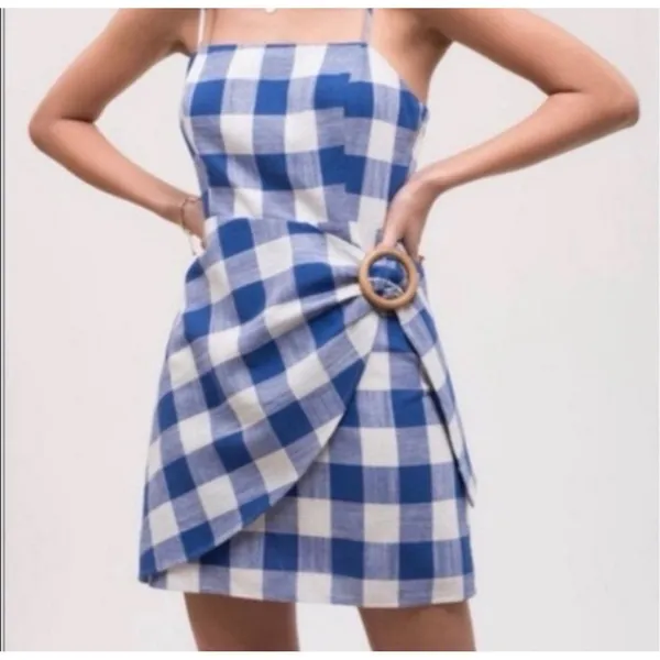 Blue Pepper Blue White Gingham Mini Wrap Dress Wooden Buckle Summer Picnic L - Image 2