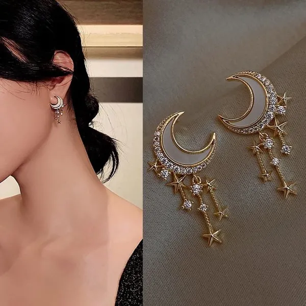 18K Gold Moon Stars Tassel Stud Earrings - Image 2