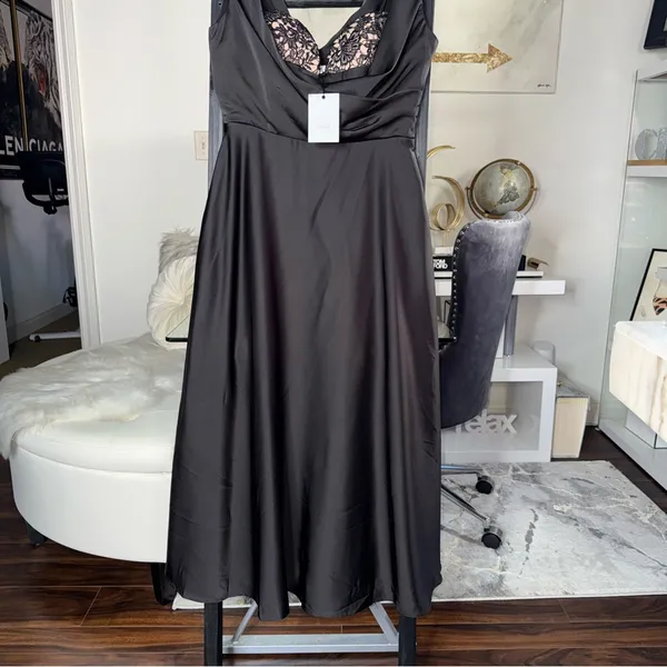 Sau Lee Black Satin Lace Bodice Drape Midi Dress Womens Size US 8 New NWT - Image 4