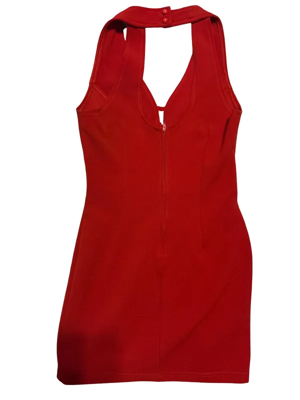 Sabora Vintage Red Halter Neck Mini Dress with Waistband Stripes - Image 2