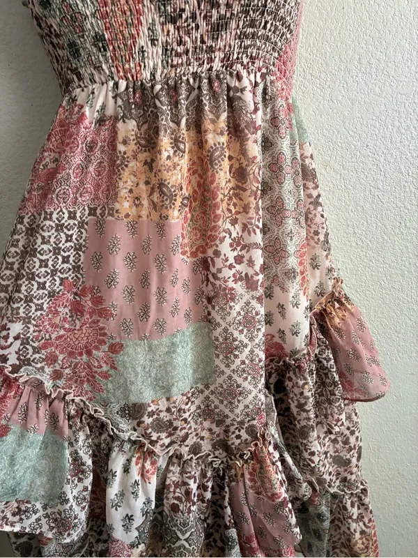 Life Boho Patchwork Ruffle Convertible Dress/Skirt Blush Multi L Pink Size L - Image 6