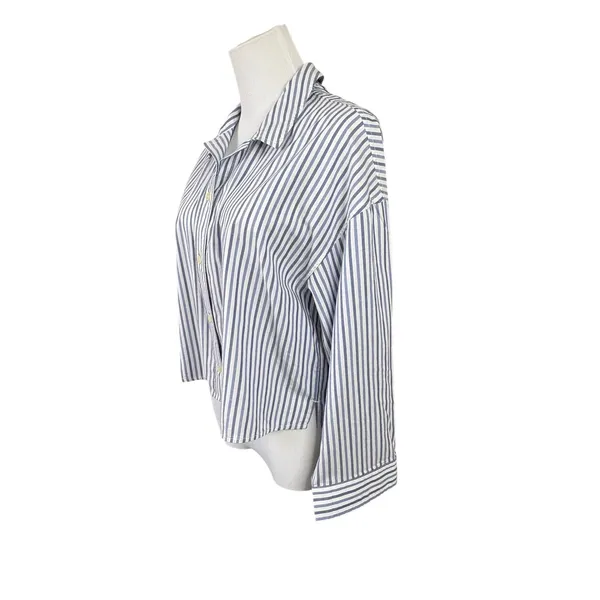 Everlane The Woven PJ Top Cropped Pajama Shirt‎ SMALL Blue Striped Cotton Boxy - Image 3