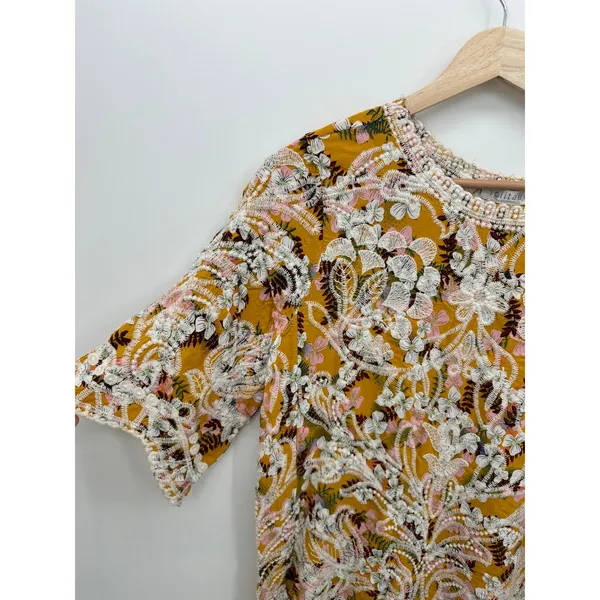 Solitaire by Ravi Khosla Womens XL Mustard Yellow Floral Embroidered Eyelet Top - Image 4