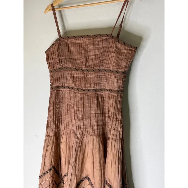 Elevenses Anthropologie Brown Cotton Pleated Sequin Midi Dress Womens 8 - Image 3