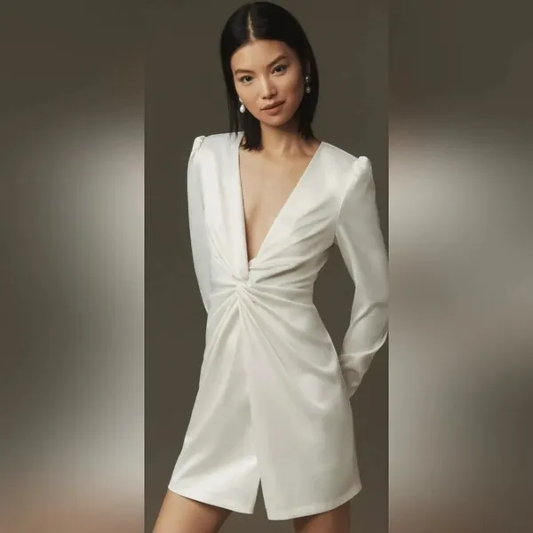 BHLDN Anthropologie NWT Maya‎ Twist Long Sleeve V-Neck Satin Bride Dress - Image 3
