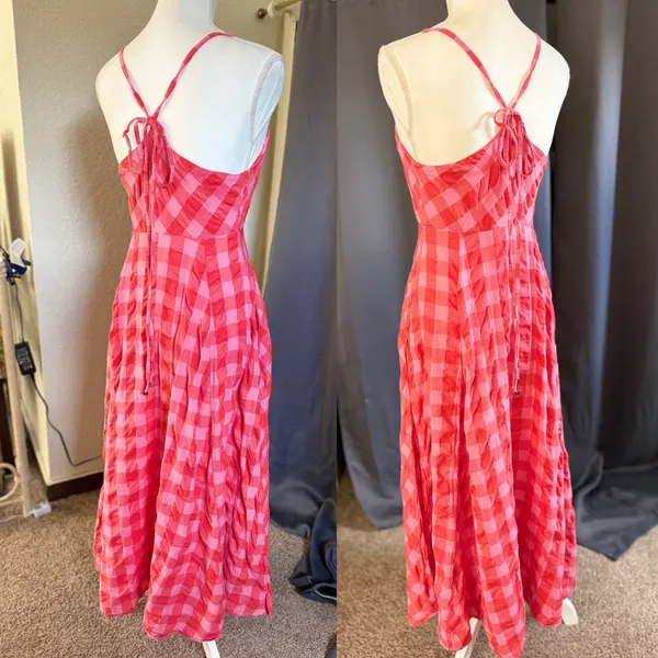 Free People Via Gingham Tie Front Midi Dress Womens Medium Pink Red - Image 5