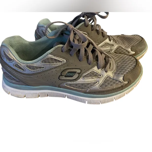 Skechers Flex Sole Memory Foam Grey Green Running Shoes Athletic 8.5 Sneakers - Image 2